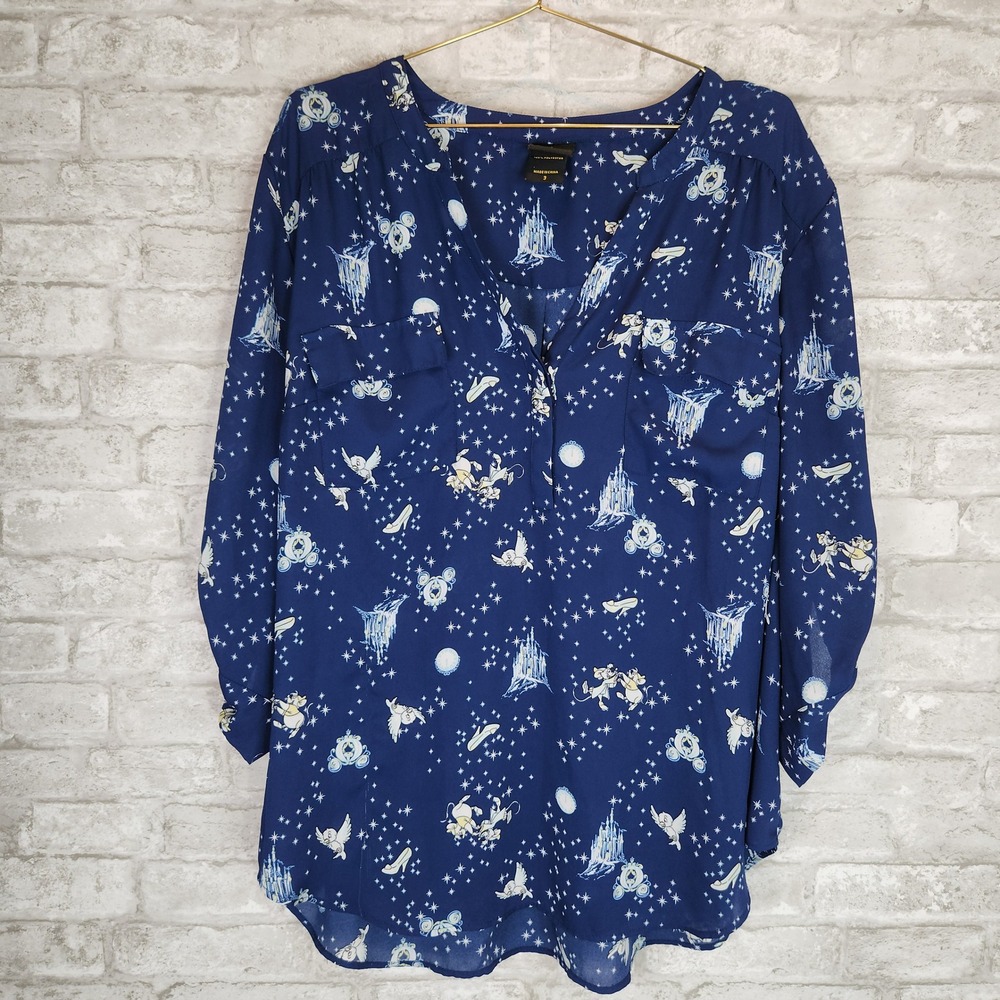 Disney Princess Blouse Cinderella Navy Blue Castle Print Whimsical Size 3X